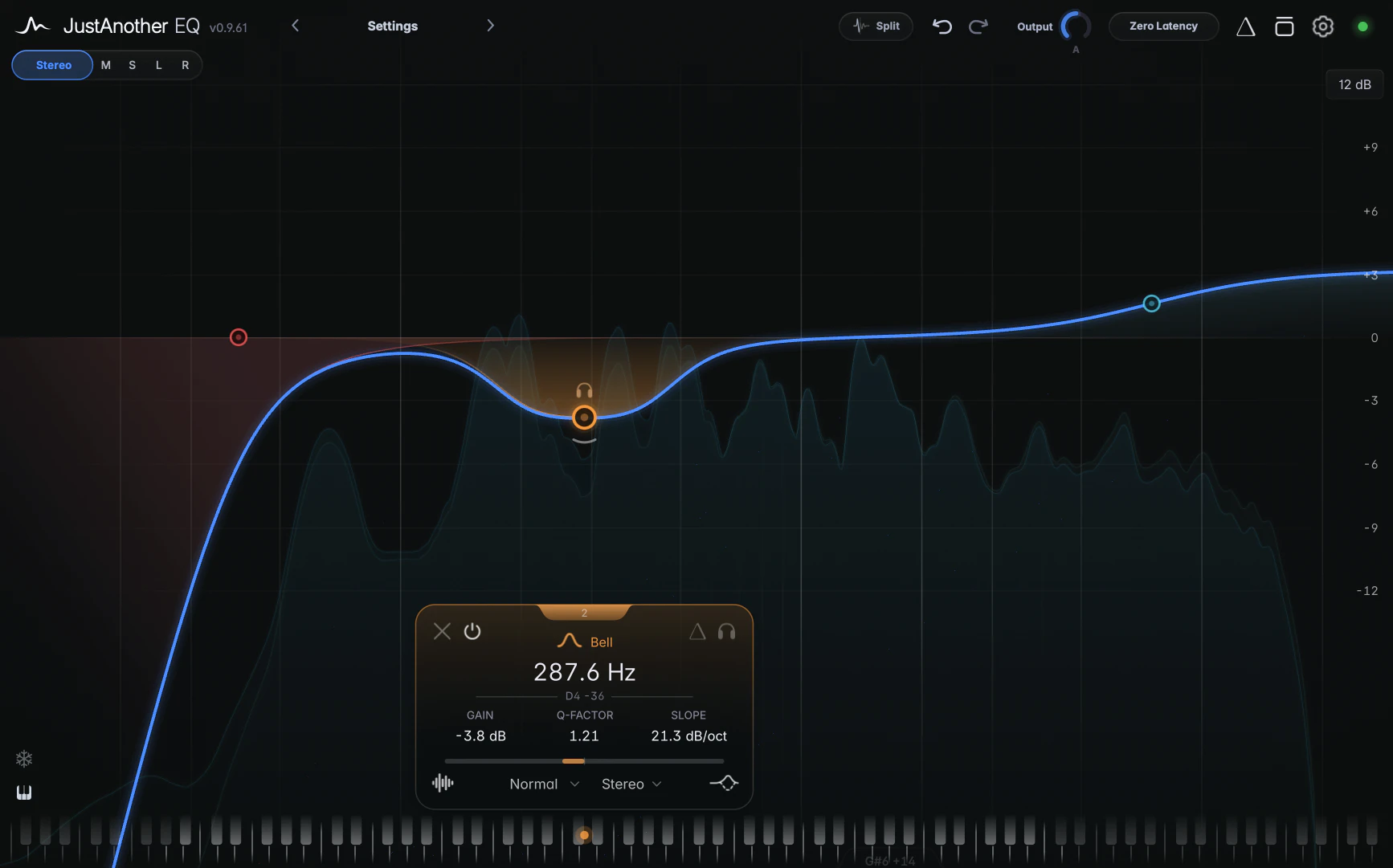 Pre and Post traces clearly different, the Post trace dipping under a cut and rising over a boost