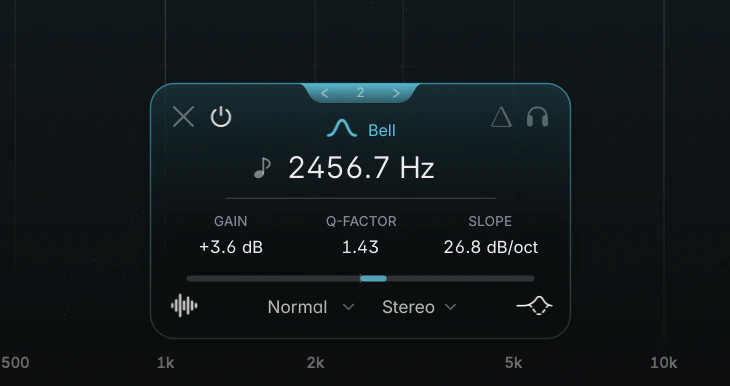 the card of a single Bell band with every field filled, pointer hovering the card so the Band Navigation arrows beside the band number are visible