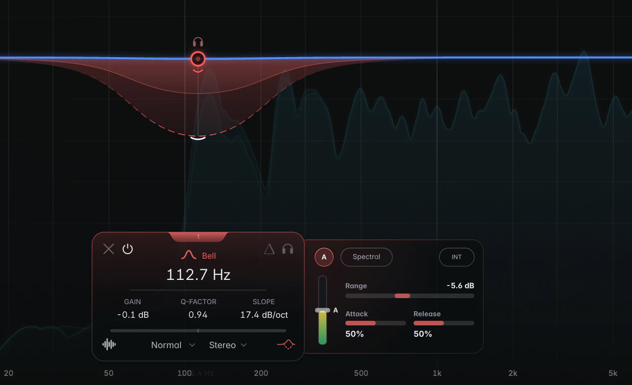 a Bell band with Broadband dynamics cutting during playback: the dashed range outline below the bell, the brighter activity fill moving toward it, the Range handle below the node, and the lit Dynamics icon on the band card