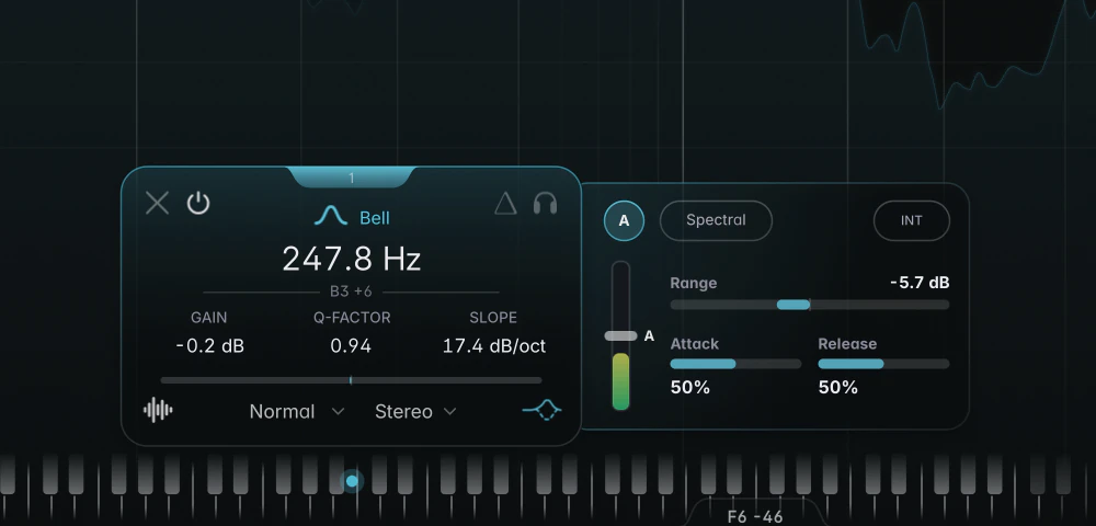 the Dynamics panel in Broadband mode: "A" lit, "Spectral" pill unlit, the Threshold handle in the middle of the strip with the meter moving around it, Range "-6.0 dB" with the fill growing left of centre, Attack and Release at "50%", sidechain pill "INT"
