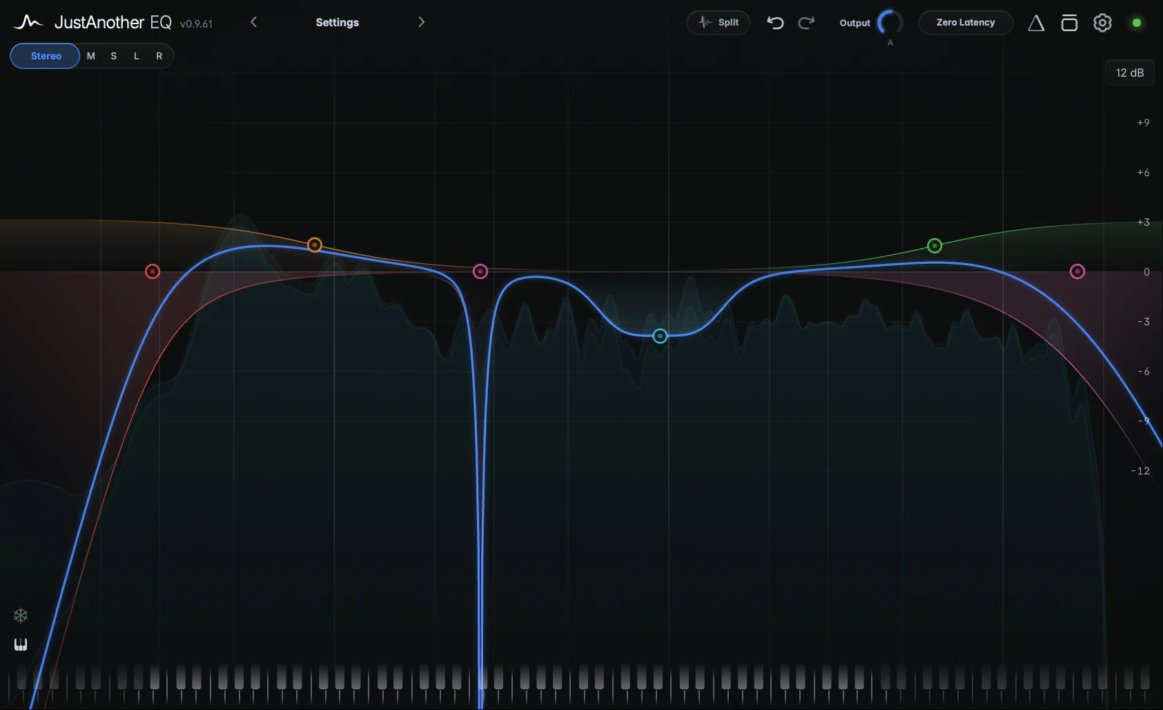 six different shapes side by side across the spectrum, each band's own fill clearly visible, no band selected