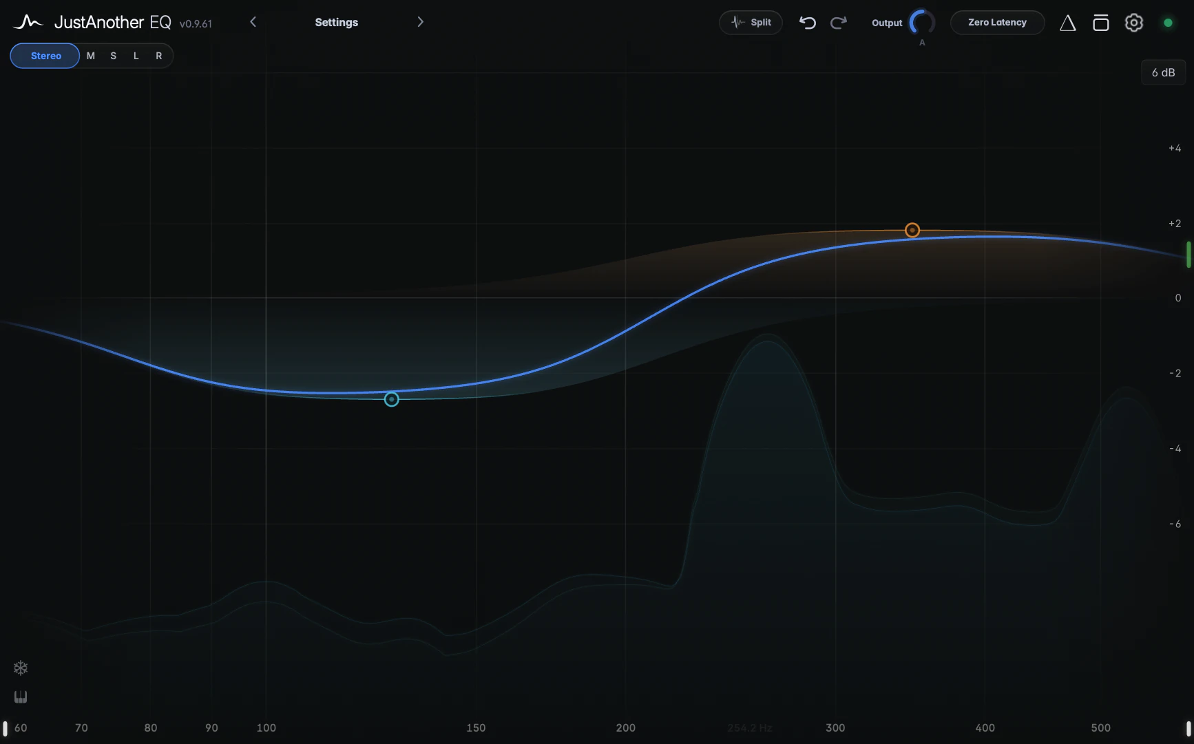 the graph zoomed to roughly 60-600 Hz, the faded edges on both sides, white edge pills at both ends of the Hz ruler, a coloured edge notch at the right edge for an off-screen band, the gain display range button reading "6 dB"