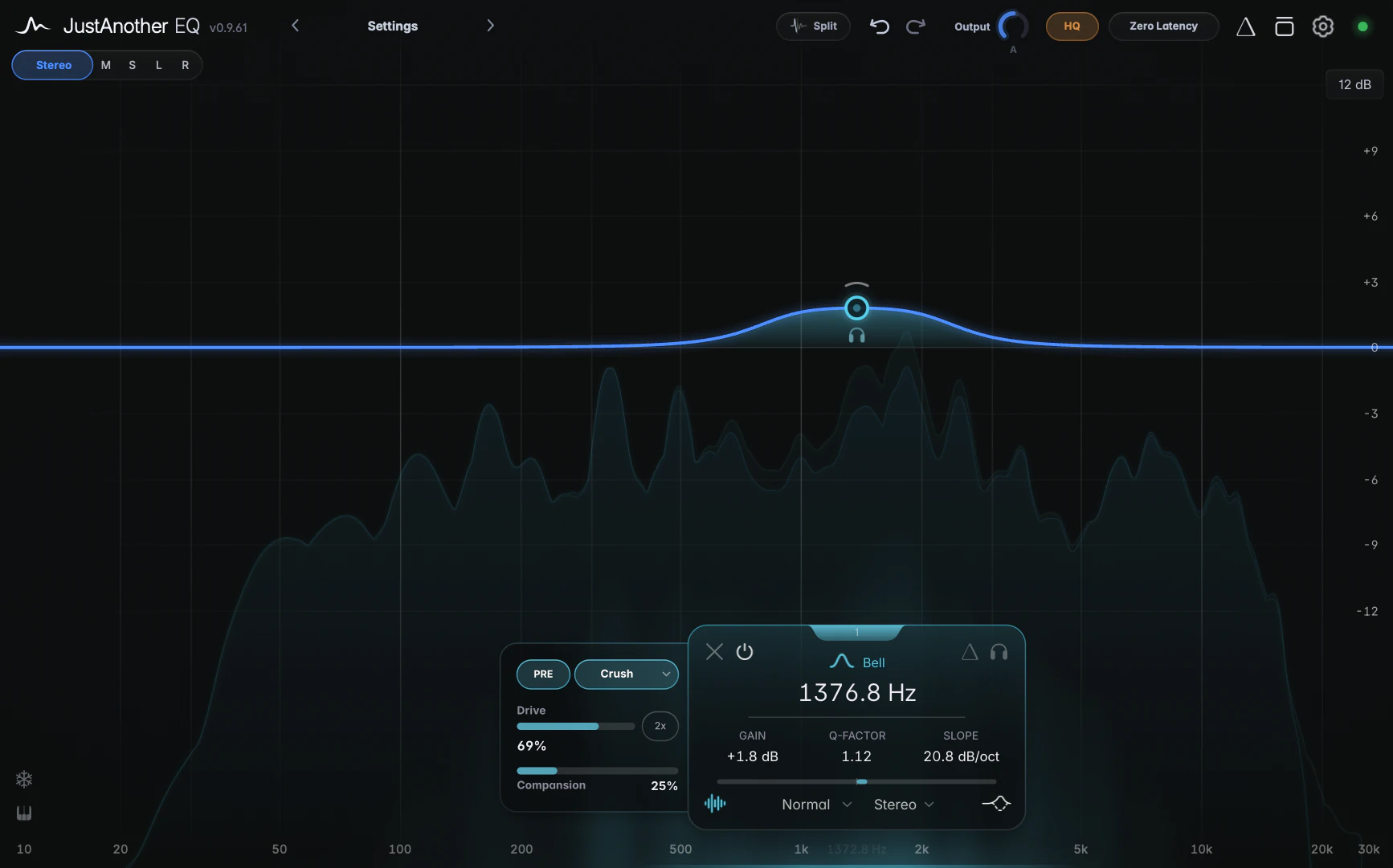 the HQ pill switched on (amber) between the Output knob and the "Zero Latency" pill