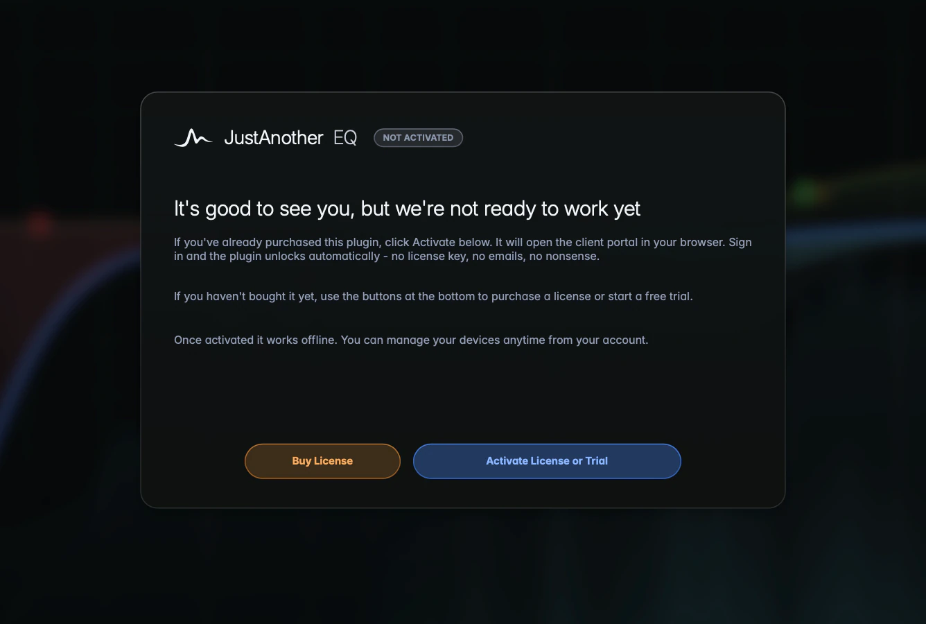 the Welcome page with the grey "NOT ACTIVATED" pill and the "Buy License" and "Activate License or Trial" buttons