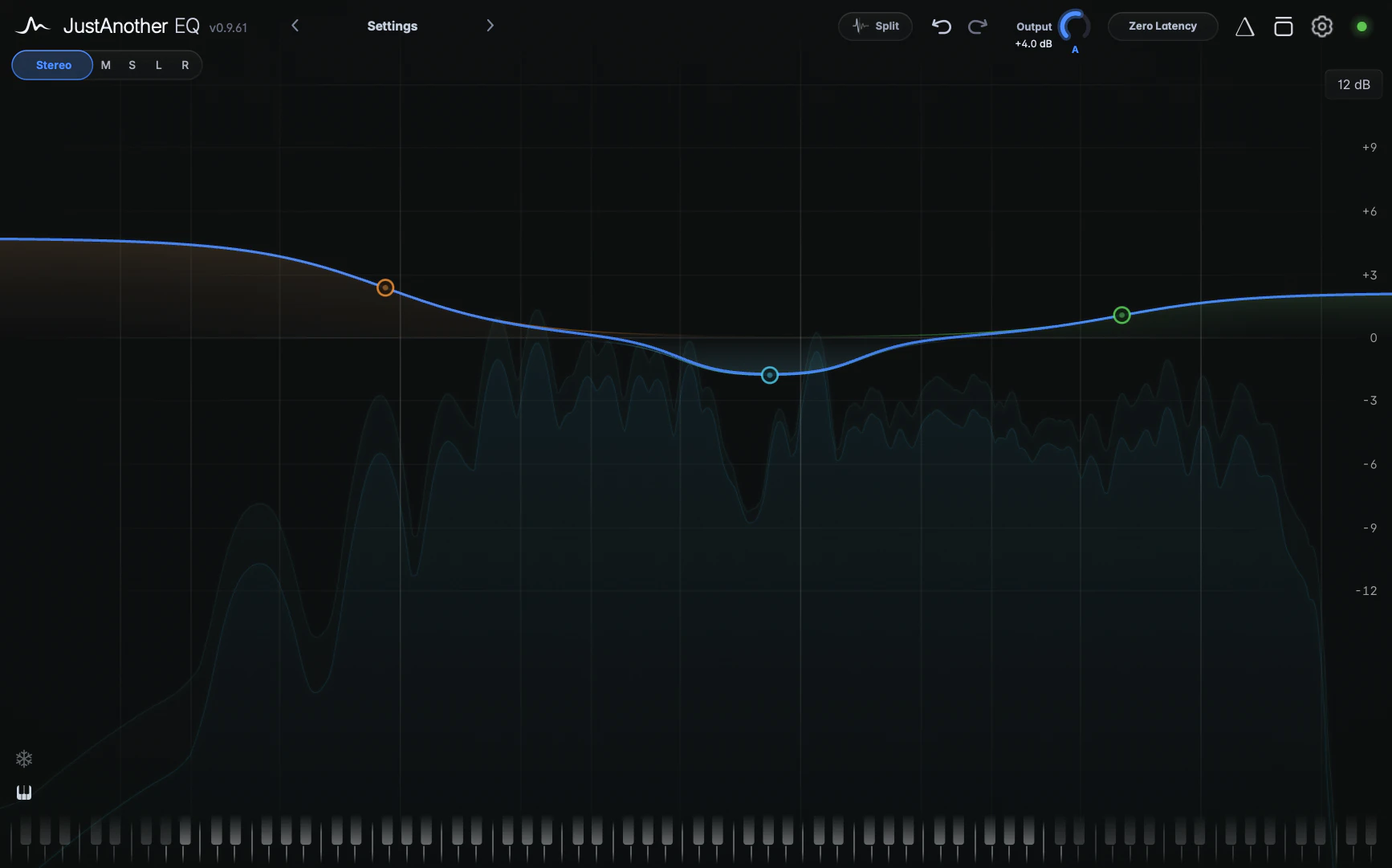 the Output knob mid-drag with its value readout visible and the blue arc, the "A" lit blue under the knob, Bypass off