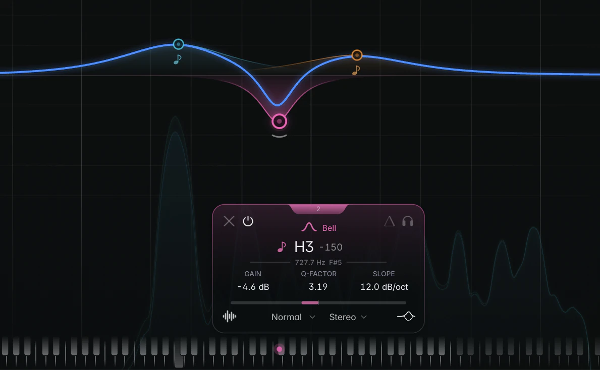 a tracked Bell band on a vocal: note icon lit in the band colour, harmonic readout "H2 +38" with the tuning-fork icon visible, the live readout on the card's divider line (such as "2.35 kHz  D7"), and the band node on the graph sitting away from the card because it has moved with the melody
