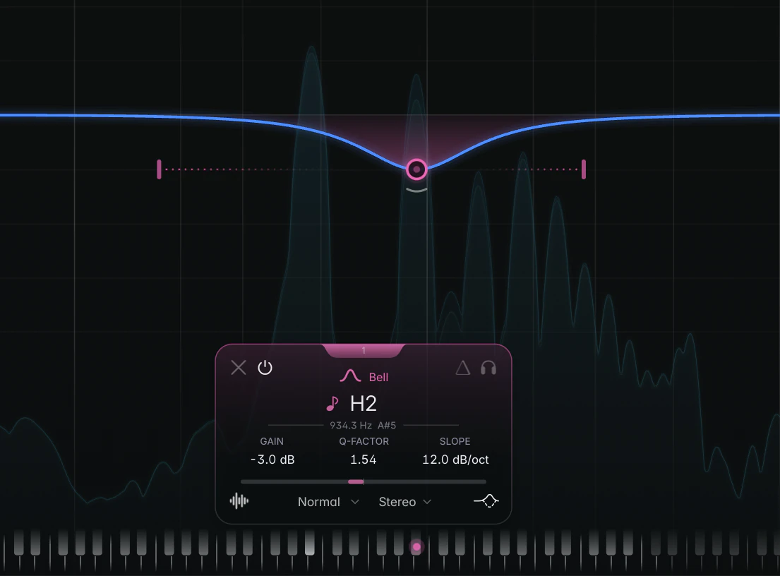 a tracked band in Range mode with its two limit notches and dotted guide lines to the node, one notch hovered and showing its note and Hz label