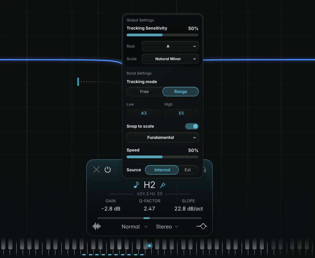 single-band popup with Tracking mode set to Range (Low and High fields showing note readouts), Snap to scale on with the snap target field, Speed and Source rows, and the Global Settings section at the top showing Tracking Sensitivity, Root and Scale