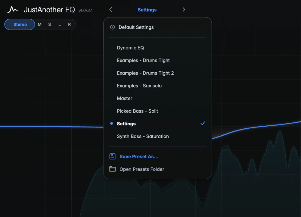the dropdown with "Default Settings", five user presets (one active, with the check mark), "Save Preset As..." and "Open Presets Folder"