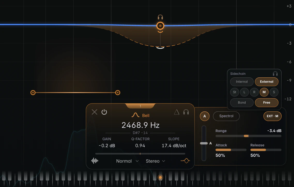 the Sidechain popup open above the sidechain pill with "External", "M" and "Free" selected, the pill reading "EXT · M" in the band colour, and the two Free detection range handles with their bar on the graph