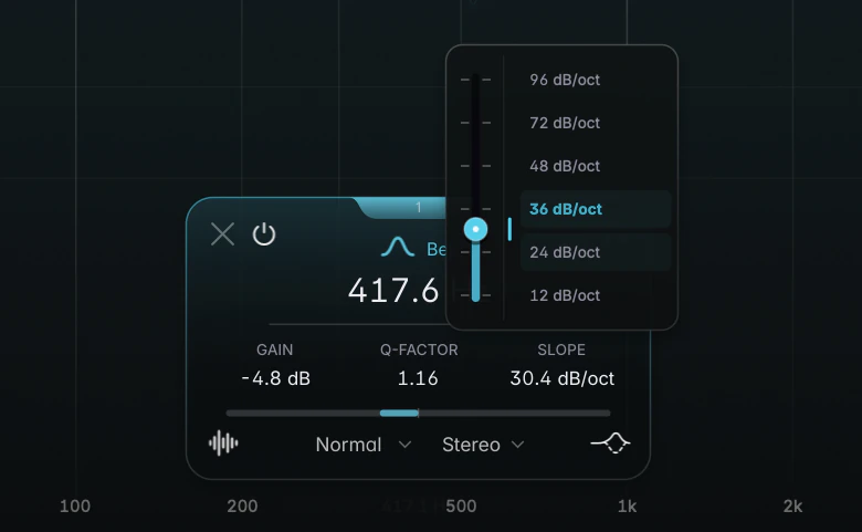 the popup's fader and value list for a Bell at an in-between slope, with the thumb between two ticks and the "24 dB/oct" and "36 dB/oct" rows both partly tinted